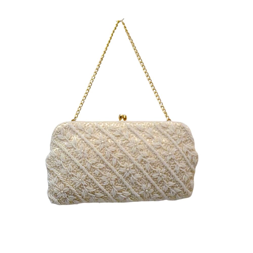 Vintage Beaded Clutch White on Cream with Gold Chain Handle